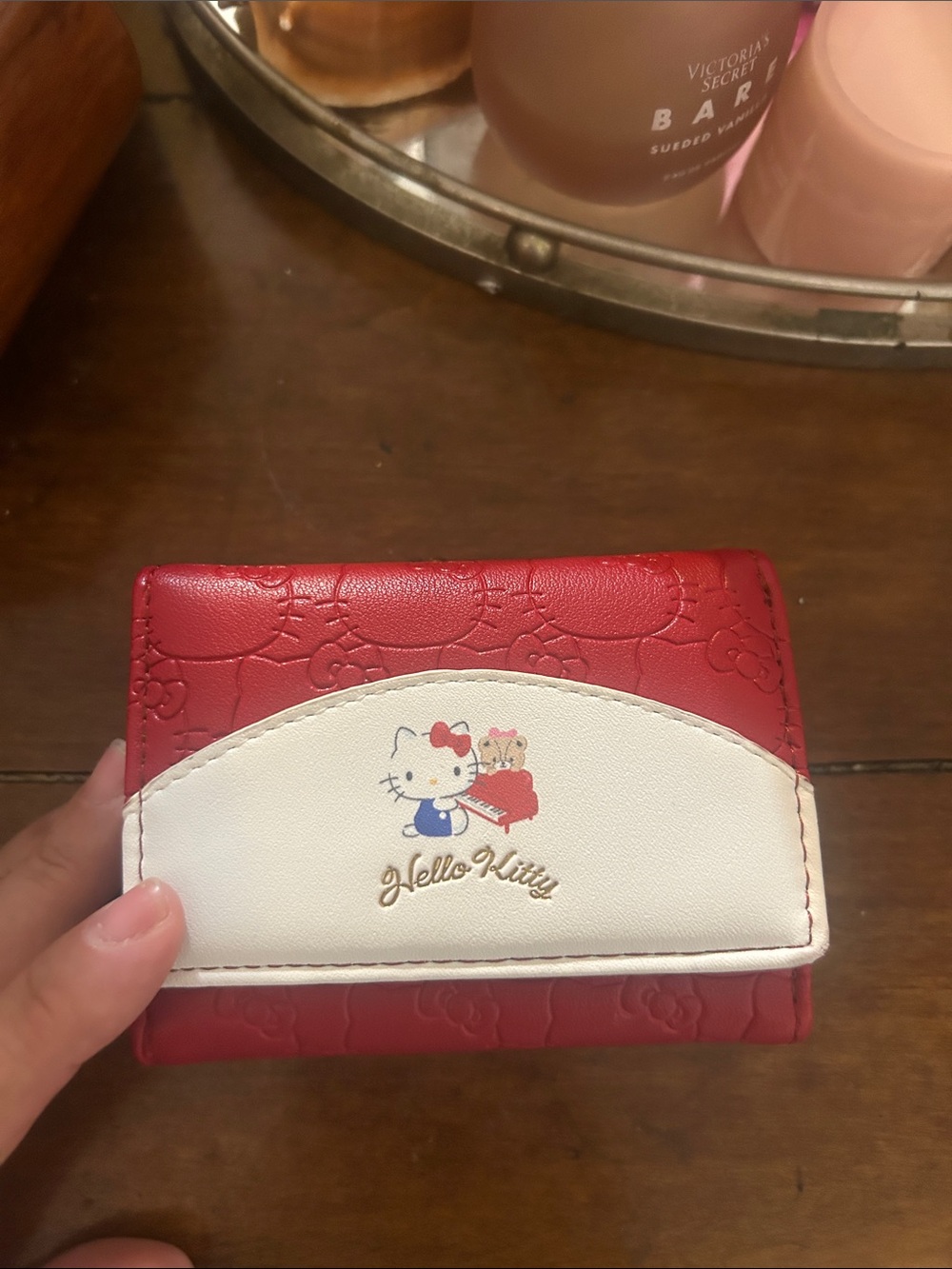 Hello Kitty Red and White Compact Trifold Wallet with Embossed Floral